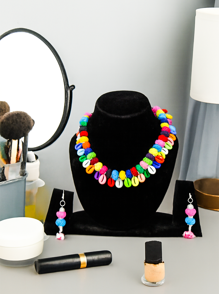 Handmade Multicolour Pom-Pom with Kodi Shell Choker – Boho & Ethnic Fusion