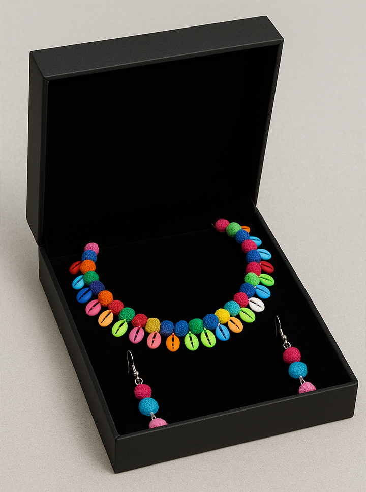 Handmade Multicolour Pom-Pom with Kodi Shell Choker – Boho & Ethnic Fusion