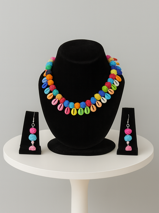 Handmade Multicolour Pom-Pom with Kodi Shell Choker – Boho & Ethnic Fusion