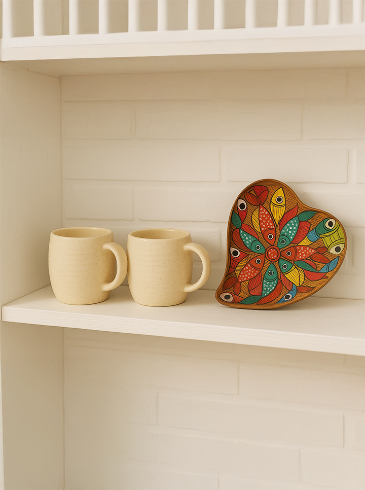 Hand-Painted Wooden Leaf-Shaped Tray with Cup Combo