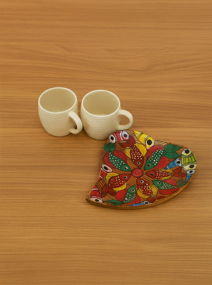 Hand-Painted Wooden Leaf-Shaped Tray with Cup Combo