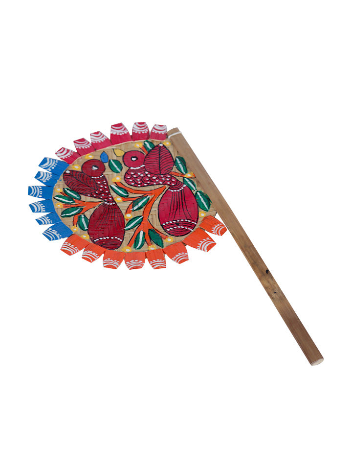 Hand-Painted Bird Pattachitra Bamboo Hand Fan β Traditional Indian Folk Art (Maroon And Red)