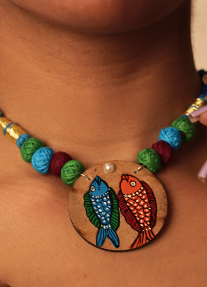 Handpainted Wooden Necklace Set – Pattachitra Fish Motif