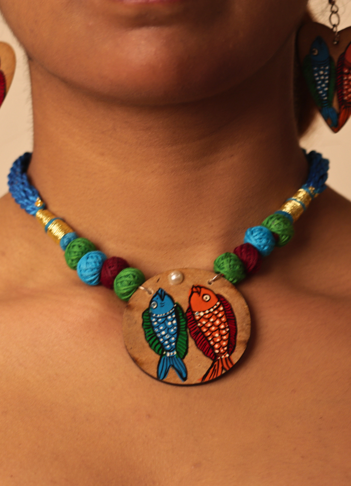 Handpainted Wooden Necklace Set – Pattachitra Fish Motif