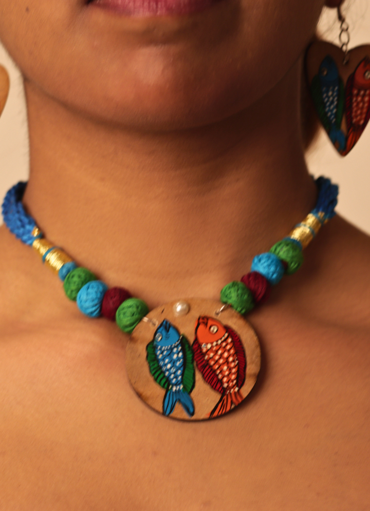 Handpainted Wooden Necklace Set – Pattachitra Fish Motif