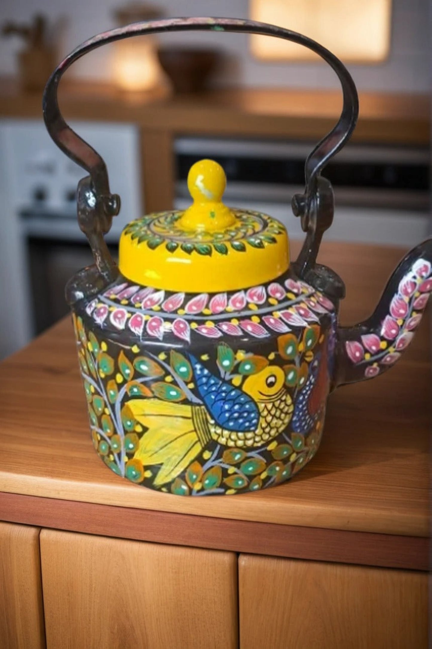 Handmade Pattachitra Kettle - (Black And Yellow)
