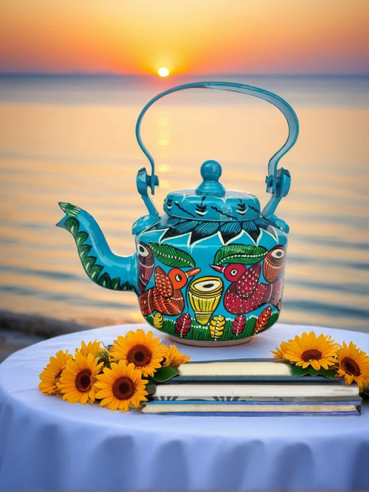 Pattachitra Hand-Painted Kettle – A Timeless Blend of Art & Tradition (Light Blue)