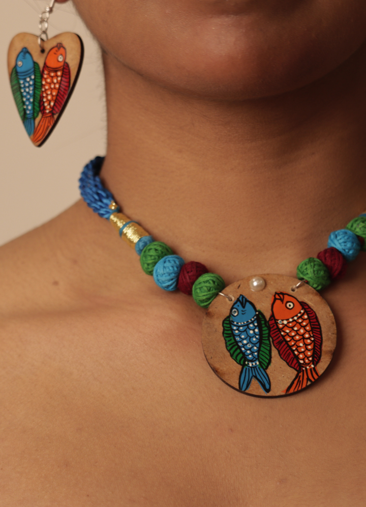 Handpainted Wooden Necklace Set – Pattachitra Fish Motif
