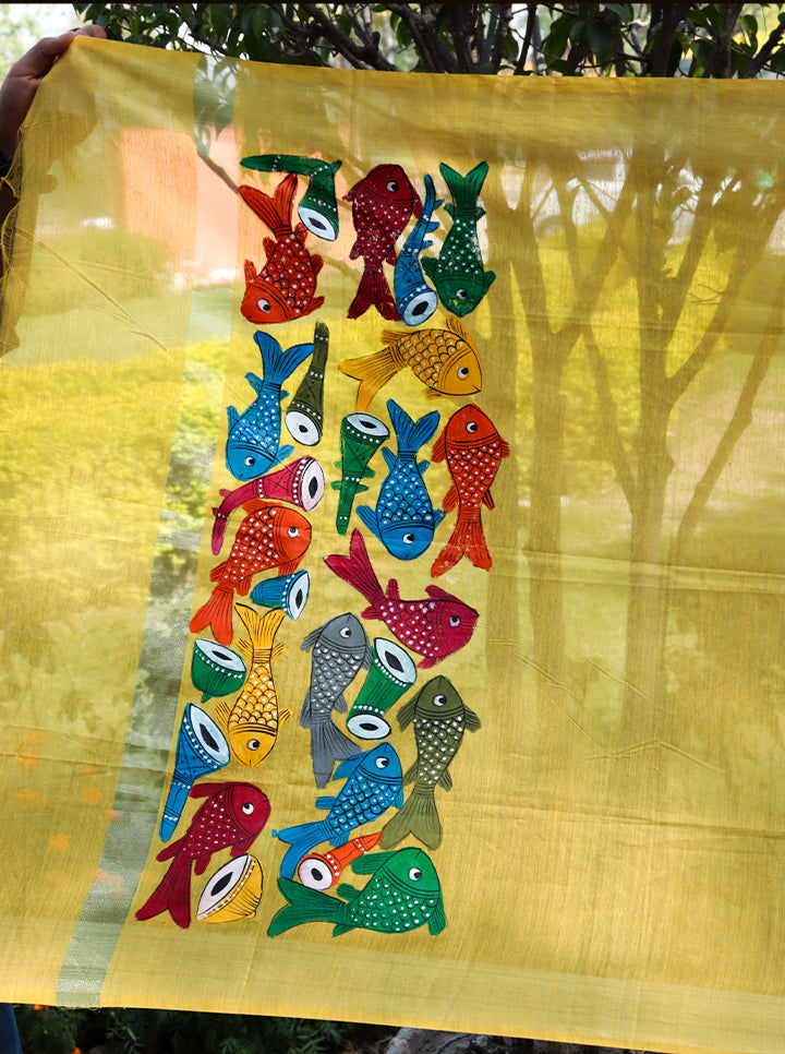 Hand Painted Dupatta With Patachitra Fish Motif (Yellow)
