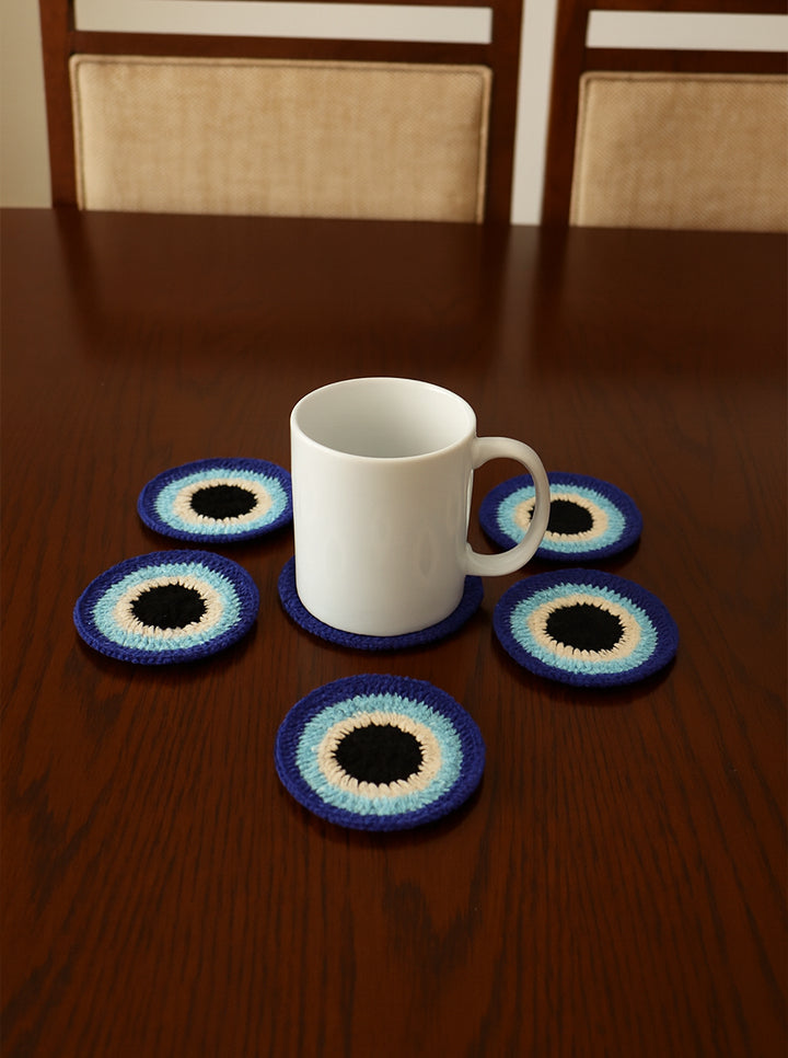 Handmade Crochet Evil Eye Coaster Set – 6 pcs