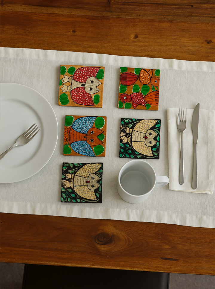 Handpainted Wooden Coaster Set – 5 pcs