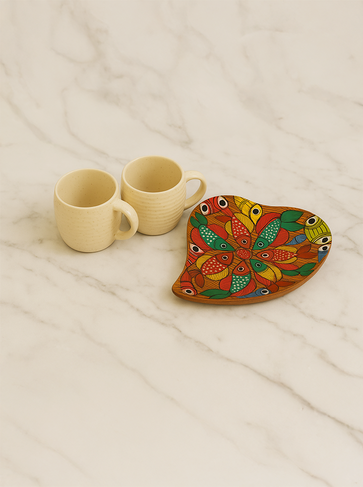 Hand-Painted Wooden Leaf-Shaped Tray with Cup Combo