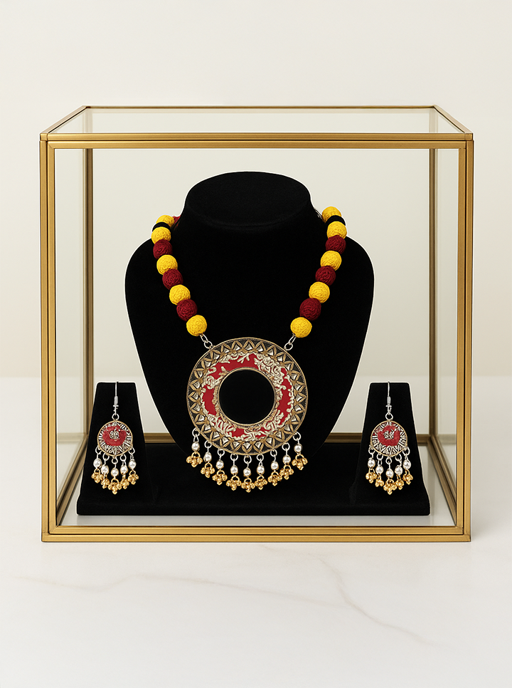 Handmade Yellow & Red with Black Necklace and Earrings Set – Bold & Beautiful Ethnic Jewelry