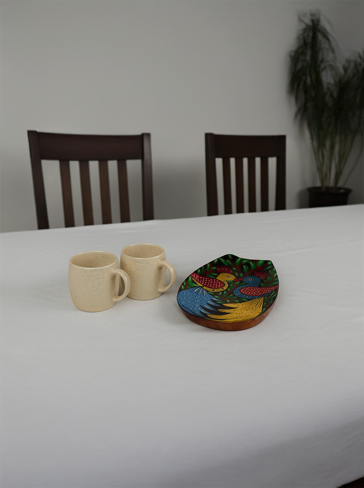 Hand-Painted Wooden Leaf-Shaped Tray with Cup Combo