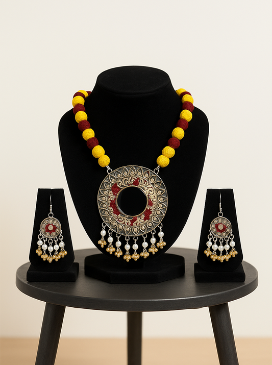 Handmade Yellow & Red with Black Necklace and Earrings Set – Bold & Beautiful Ethnic Jewelry