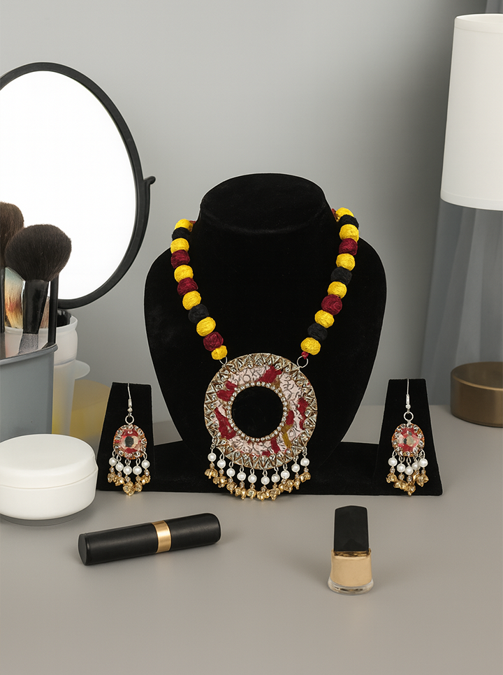 Handmade Yellow & Red with Black Necklace and Earrings Set – Bold & Beautiful Ethnic Jewelry