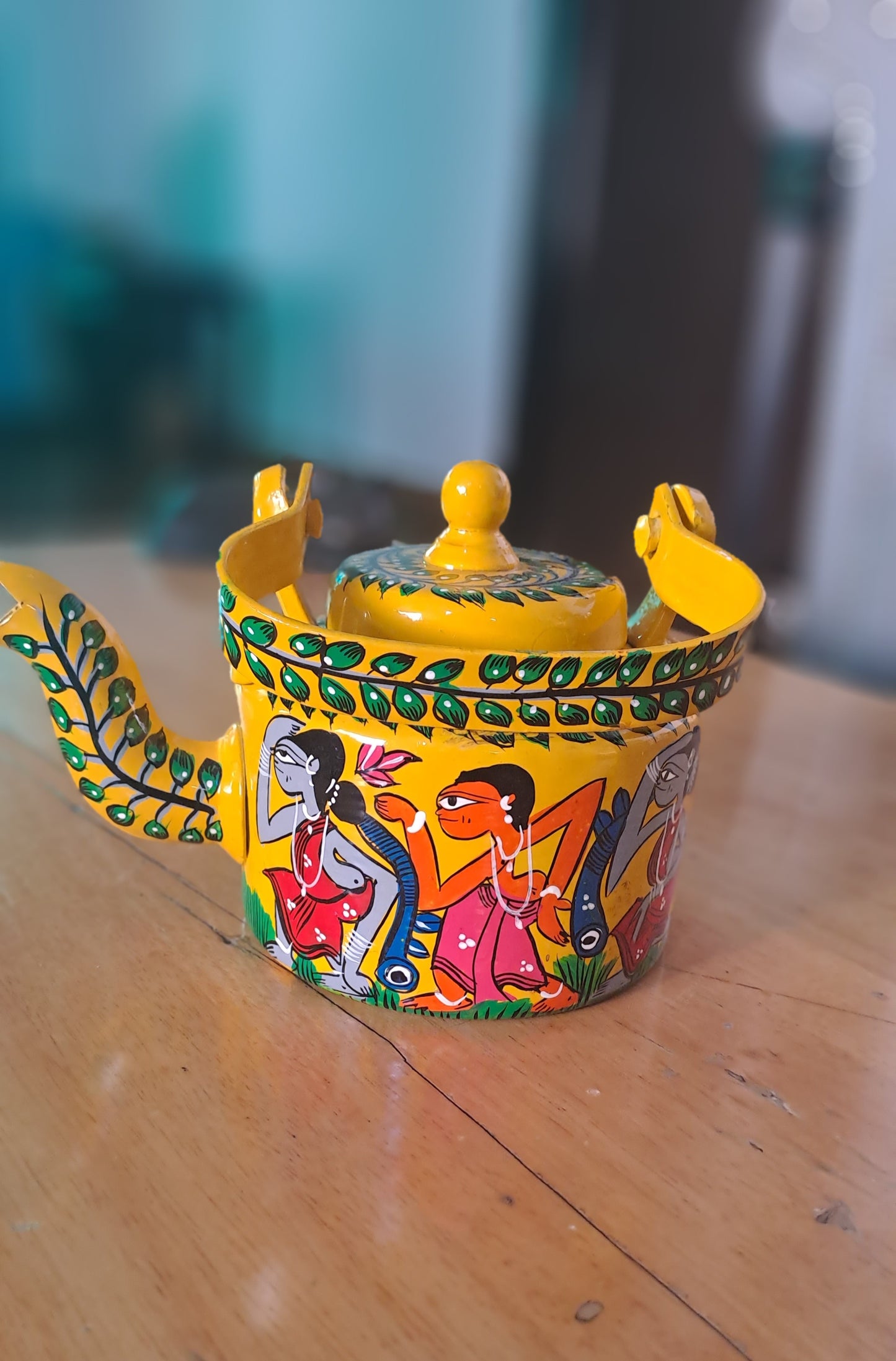 Painted Patachitra Folk Art Kettle (Yellow)