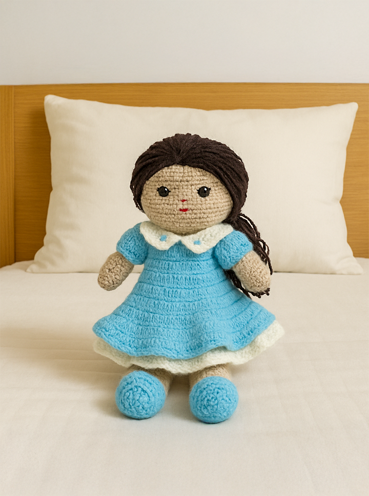 Handmade Crochet Doll in Blue Frock
