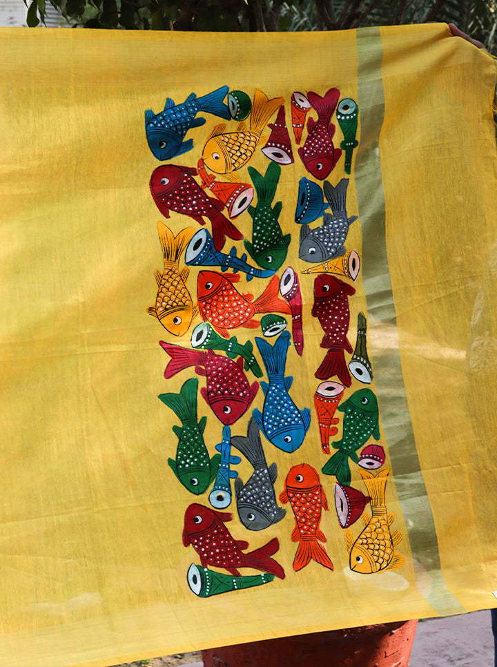 Hand Painted Dupatta With Patachitra Fish Motif (Yellow)