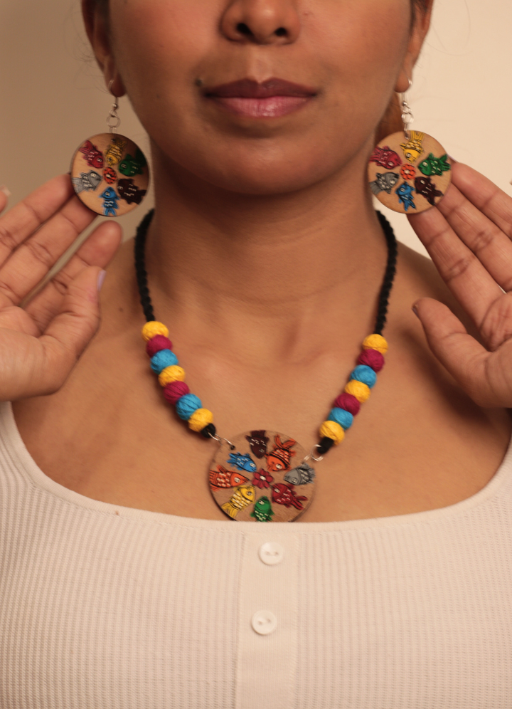 Vibrant Pattachitra Fish Motif Necklace Set
