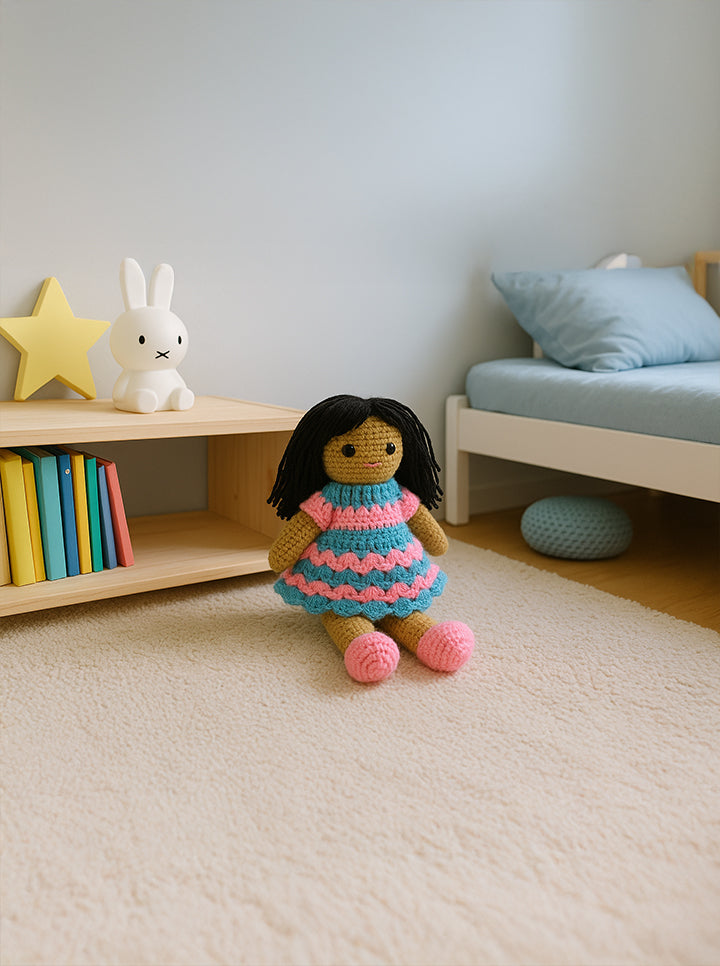 Handmade Crochet Doll (Pink And Blue Dress)