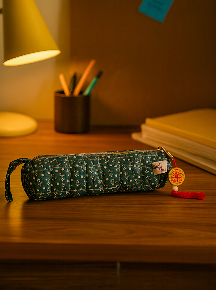 Handmade Cloth Pencil Case – Elegant & Functional (Dark Green)