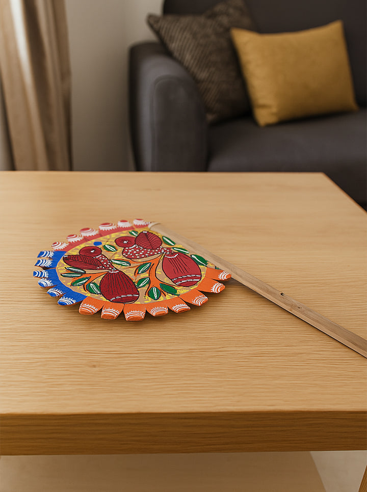 Hand-Painted Bird Pattachitra Bamboo Hand Fan β Traditional Indian Folk Art (Maroon And Red)