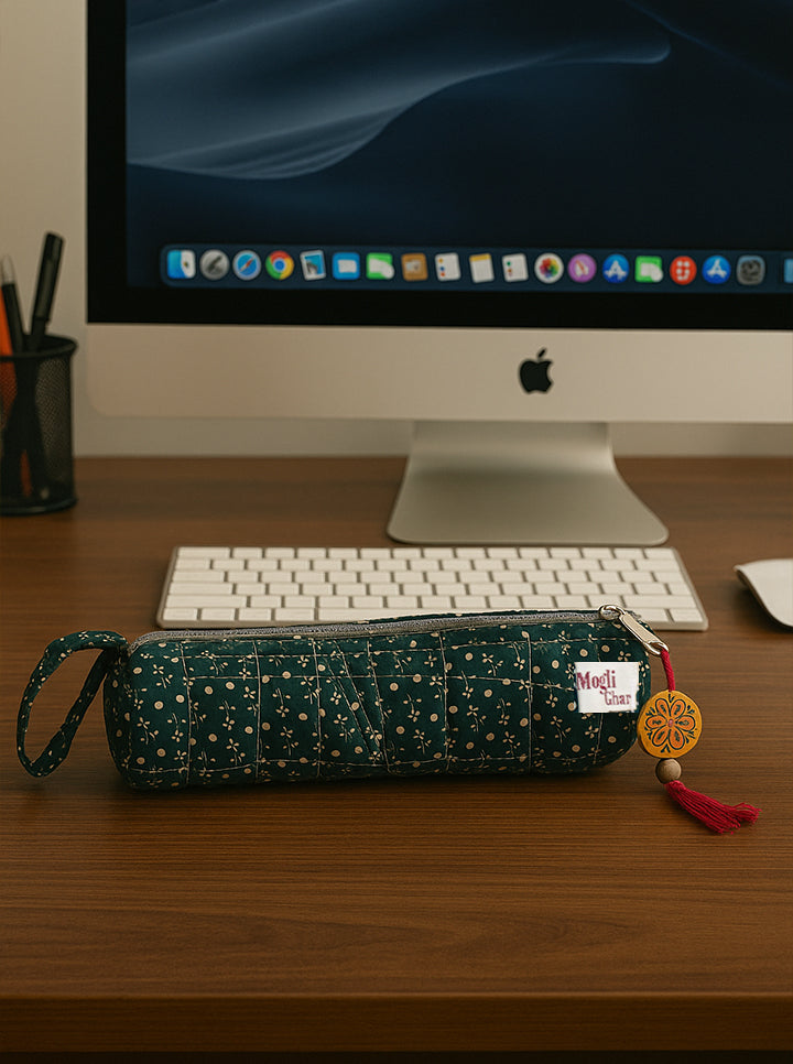 Handmade Cloth Pencil Case – Elegant & Functional (Dark Green)