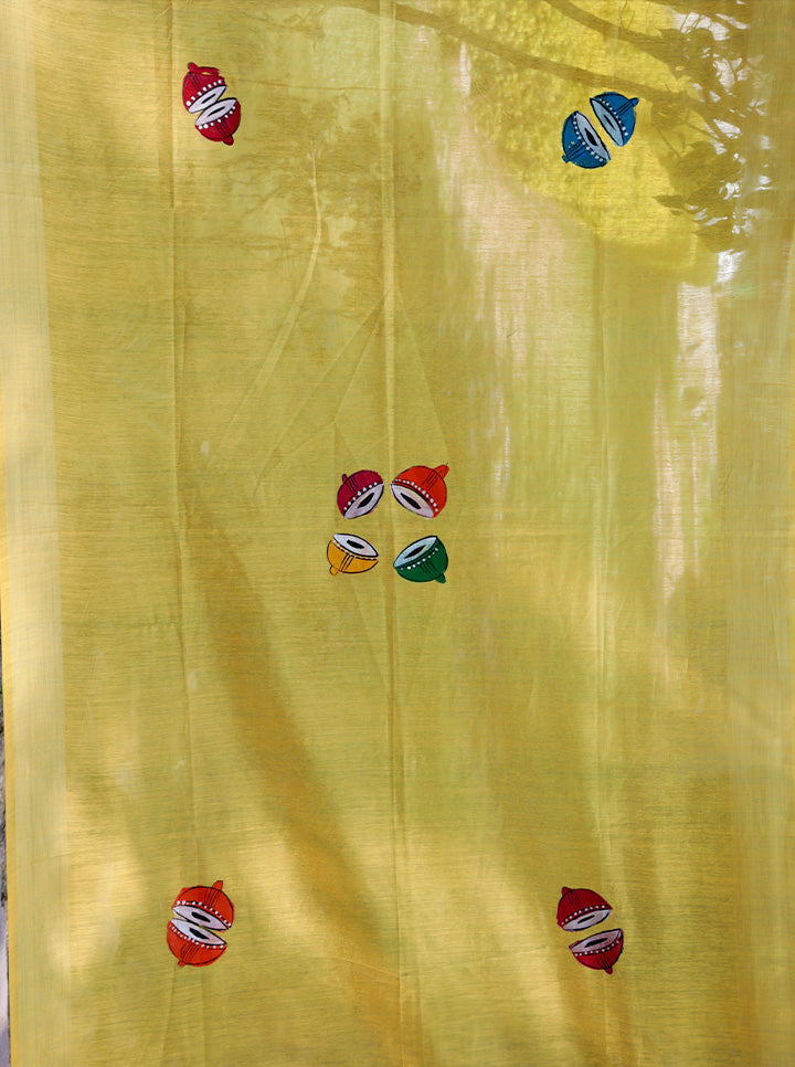 Hand Painted Dupatta With Patachitra Fish Motif (Yellow)