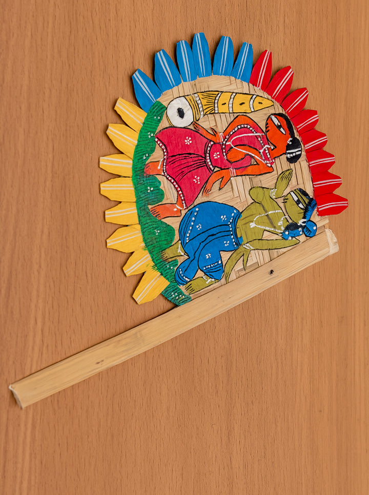Handcrafted Pattachitra Bamboo Hand Fan Tribal Art (Red And Green)