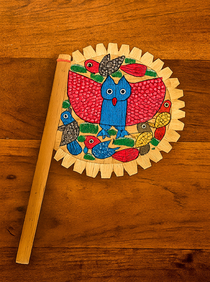 Hand Painted With Traditional Patachitra Motif Hand Fan (Owl and Bird)