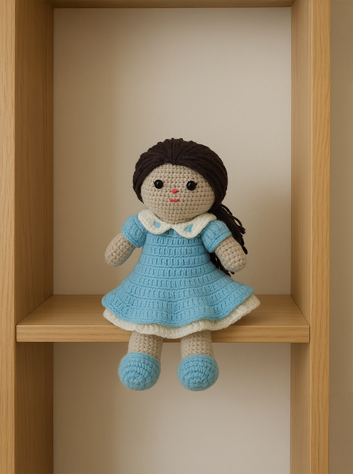 Handmade Crochet Doll in Blue Frock