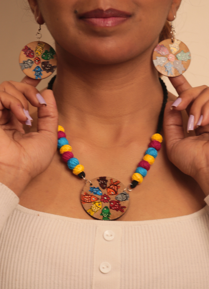 Vibrant Pattachitra Fish Motif Necklace Set