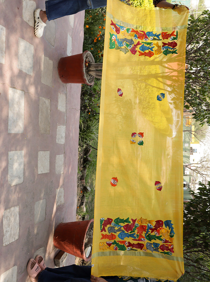 Hand Painted Dupatta With Patachitra Fish Motif (Yellow)