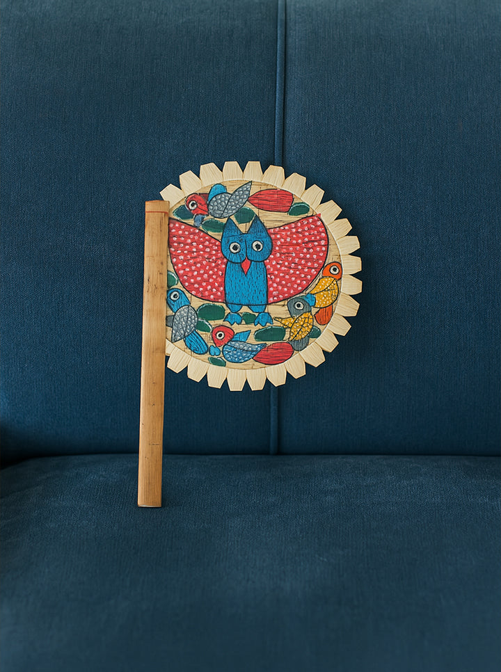 Hand Painted With Traditional Patachitra Motif Hand Fan (Owl and Bird)