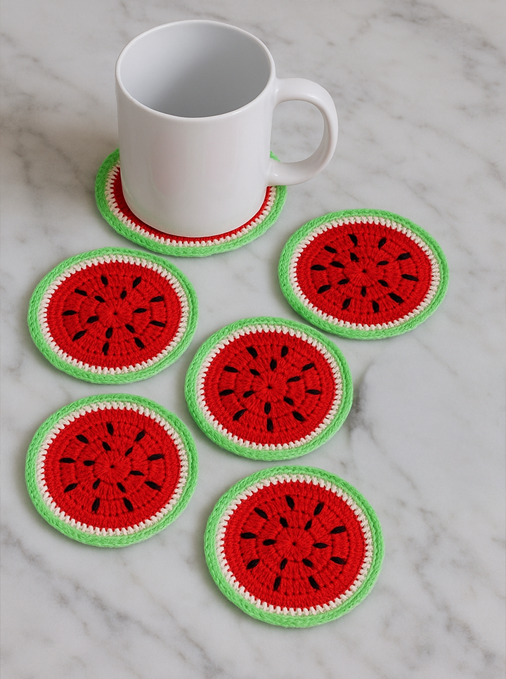 Handmade Crochet Watermelon Coaster Set 6