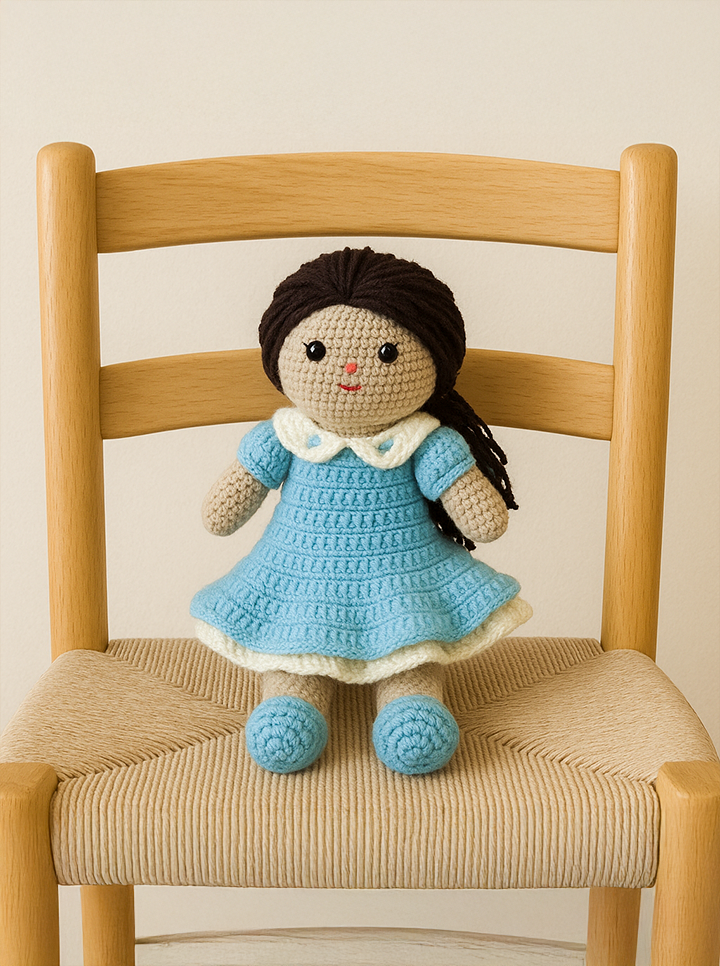 Handmade Crochet Doll in Blue Frock