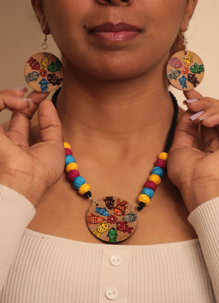 Vibrant Pattachitra Fish Motif Necklace Set