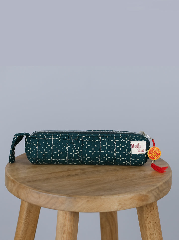 Handmade Cloth Pencil Case – Elegant & Functional (Dark Green)