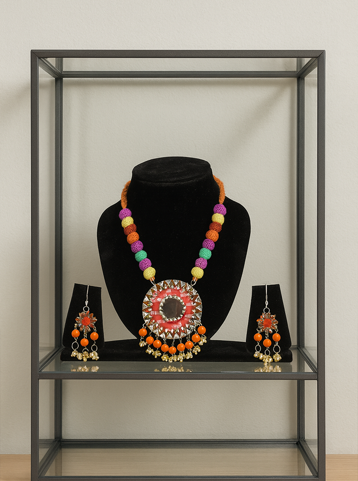 Handmade Orange Colour Necklace with Earrings – Vibrant Festive Jewelry Set