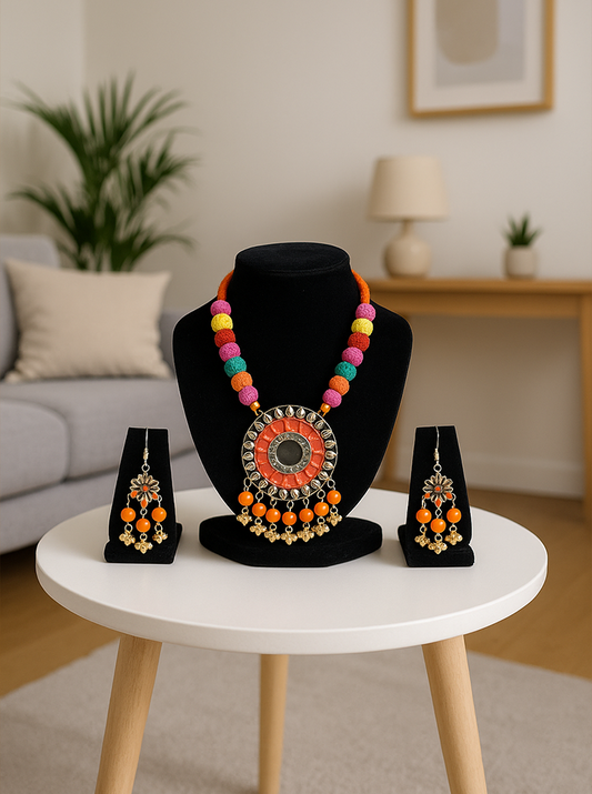 Handmade Orange Colour Necklace with Earrings – Vibrant Festive Jewelry Set