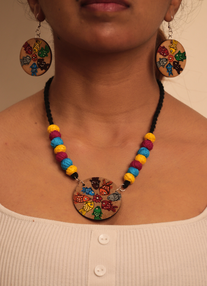 Vibrant Pattachitra Fish Motif Necklace Set