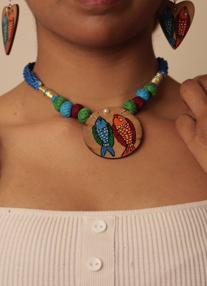 Handpainted Wooden Necklace Set – Pattachitra Fish Motif