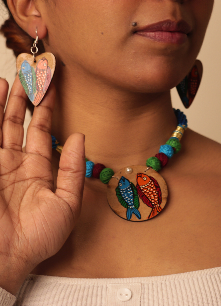 Handpainted Wooden Necklace Set – Pattachitra Fish Motif