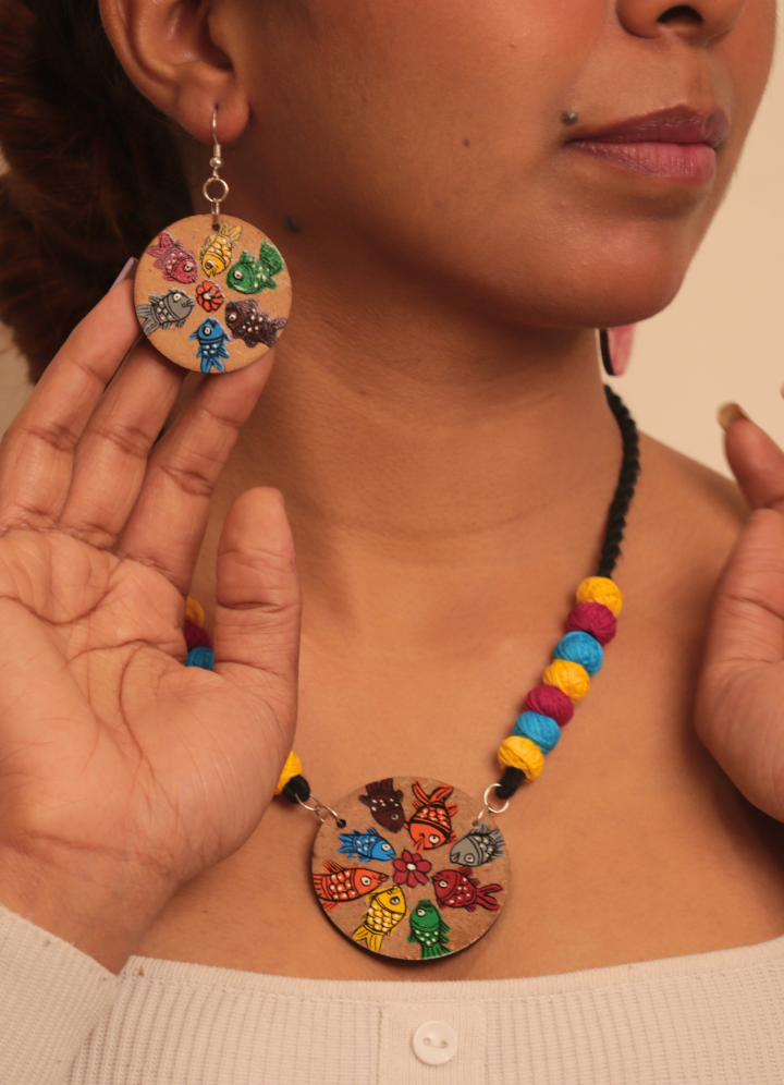 Vibrant Pattachitra Fish Motif Necklace Set