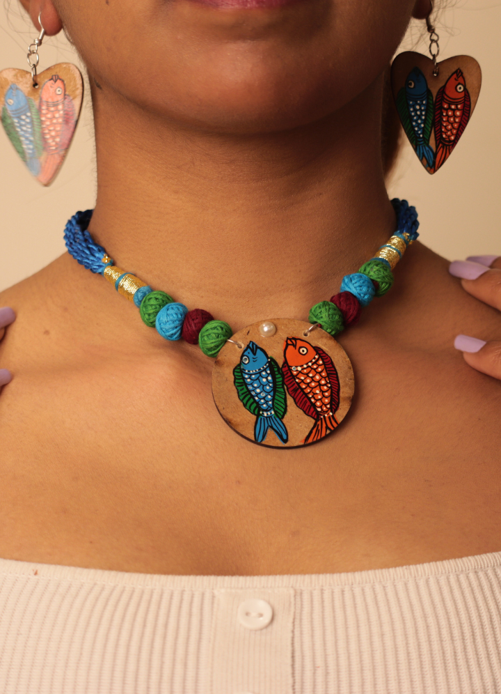 Handpainted Wooden Necklace Set – Pattachitra Fish Motif