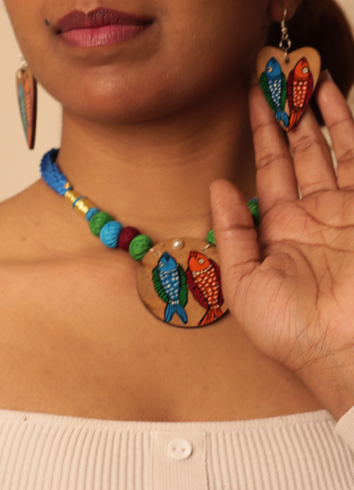Handpainted Wooden Necklace Set – Pattachitra Fish Motif