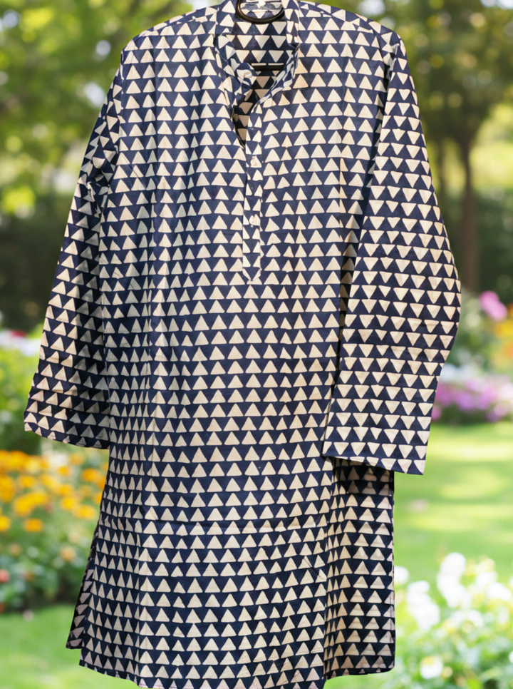 Stylish Navy Blue Kurti with White Geometric Print – Elegant & Comfortable