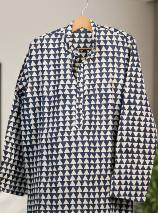 Stylish Navy Blue Kurti with White Geometric Print – Elegant & Comfortable
