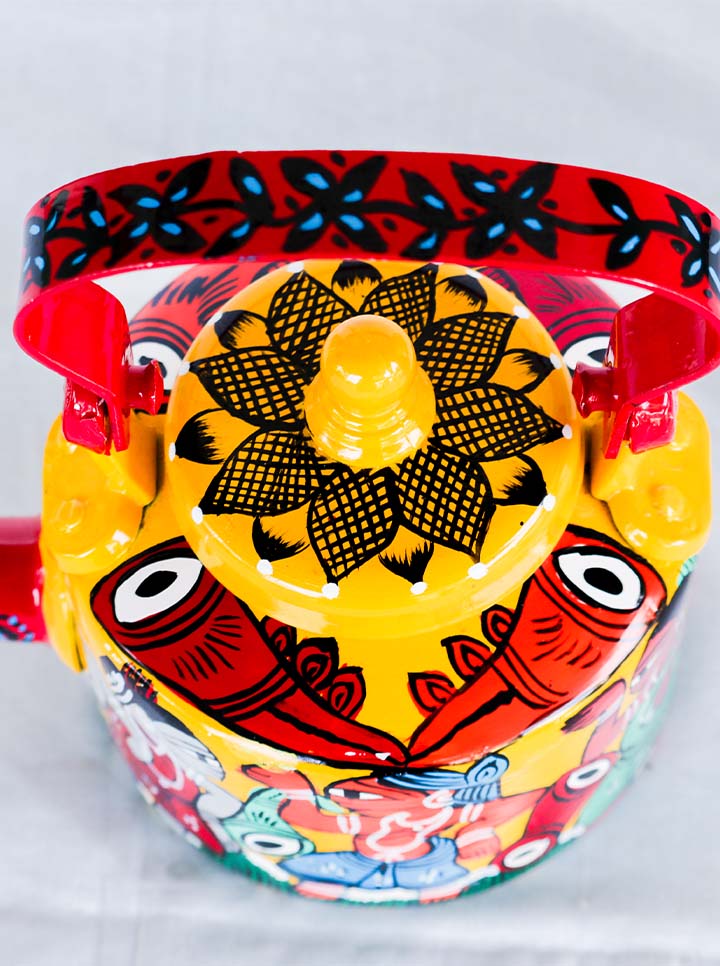 Hand-Painted Pattachitra Tribal Kettle – Traditional Folk Art Elegance (Maroon And Yellow)